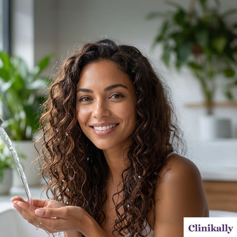 Person holding water with healthy hydrated curly hair