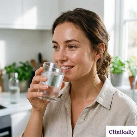 Woman drinking water for healthy skin hydration