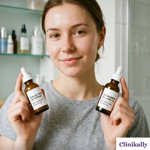 Woman holding azelaic acid and niacinamide serums