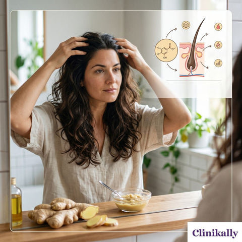Woman massaging her scalp in front of a mirror with fresh ginger