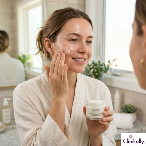 Woman applying face moisturizer on her face