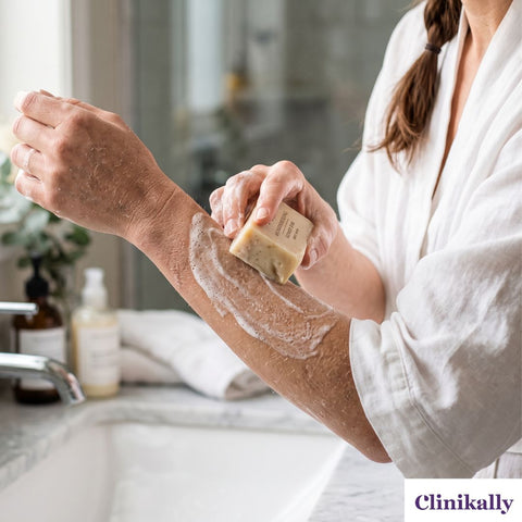 Washing dry skin with gentle soap