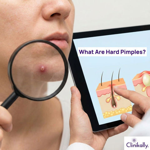 Close-up of a hard pimple on chin shown through a magnifying glass