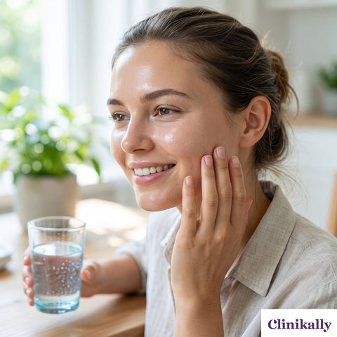 Woman holding water glass with hydrated glowing skin