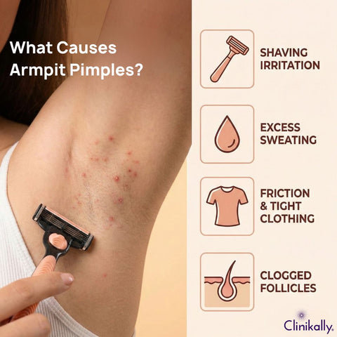 Woman shaving armpit with visible pimples