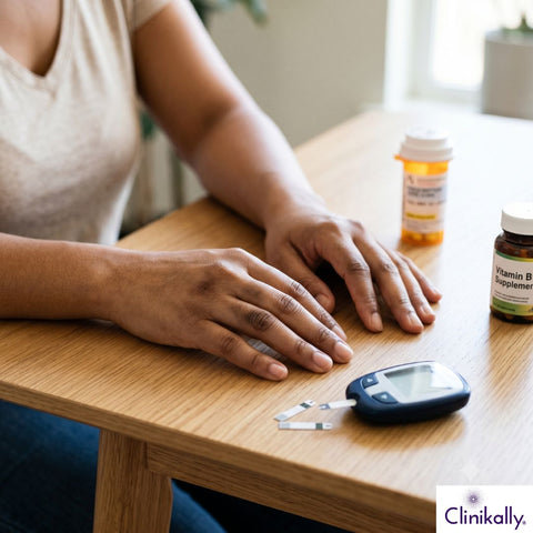 Person with dark knuckles resting hands beside glucose meter