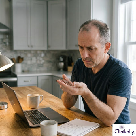 Man examining hair loss at home
