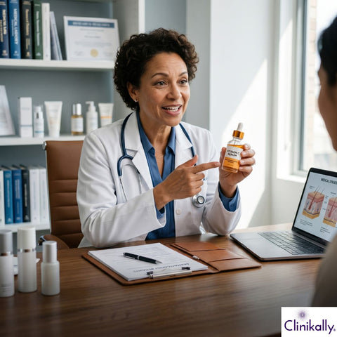 Dermatologist explaining vitamin C serum benefits to patient