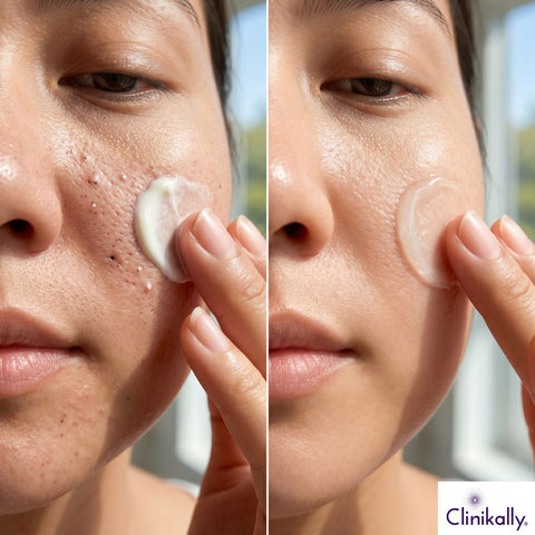 Before and after applying non-comedogenic sunscreen 
