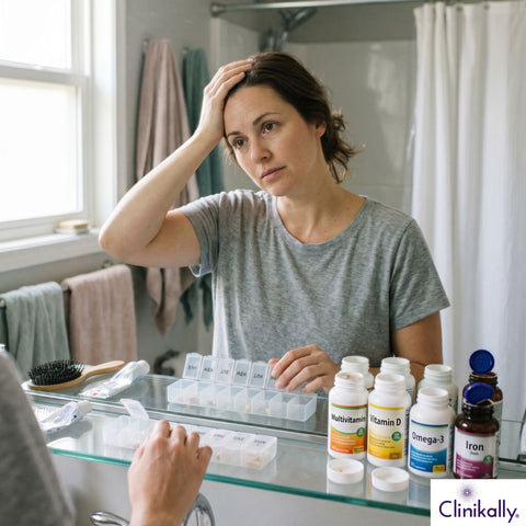 Woman looking concerned while organizing multivitamins and supplements