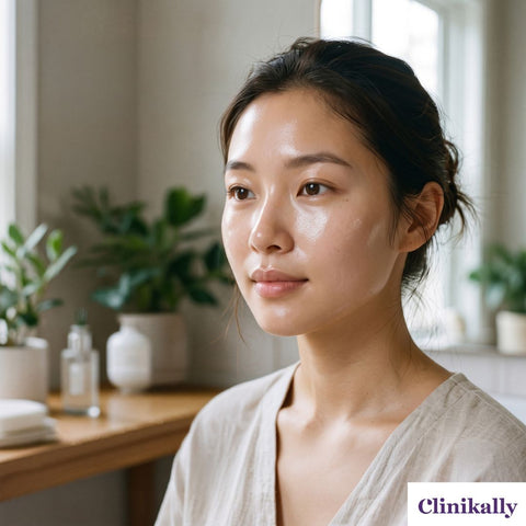 Woman with smooth, hydrated glass skin complexion