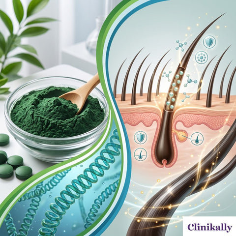 Illustration showing spirulina powder supporting stronger hair follicles and healthy hair growth