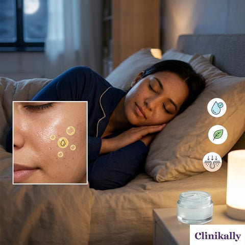 Woman applying night cream for oily skin before bedtime