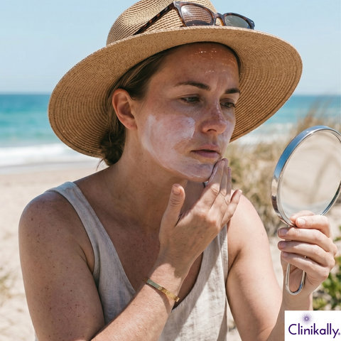 Woman applying sunscreen on combination skin at the beach