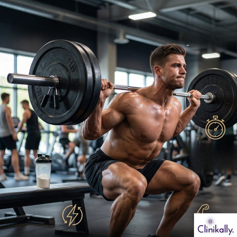 Men doing squats in gym
