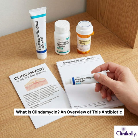 Woman holding clindamycin cream with related products behind