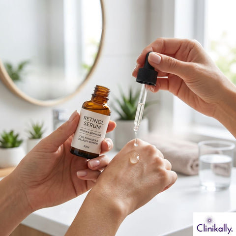 Retinol serum dropper applying on skin