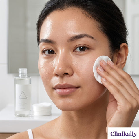 Women applying toner with a cotton pad on her face 