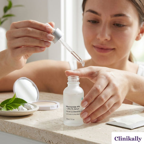 Women applying the niacinamide serum on hand