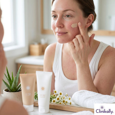 Woman applying tinted sunscreen on her combination skin
