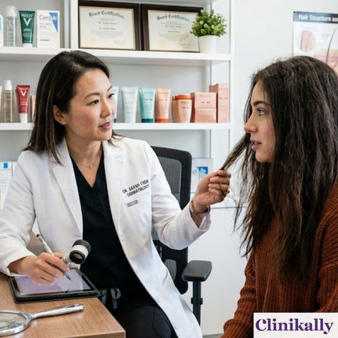 woman consulting with dermatologist for her dry hair