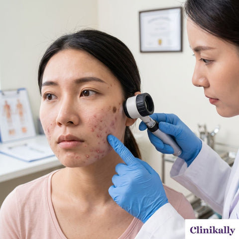 Dermatologist examining acne and skin concerns
