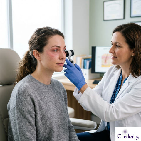 Dermatologist examining under-eye skin for puffiness