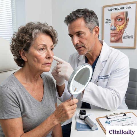 Dermatologist examining a women under-eye area during a consultation