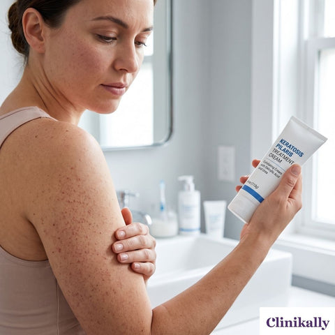 Woman choosing keratosis pilaris treatment cream