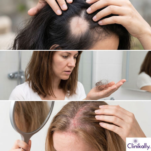 Signs of scalp thinning, hair fall, and irritation
