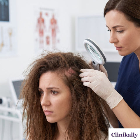 Dermatologist examining scalp and frizzy hair