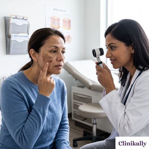 Dermatologist examining facial hyperpigmentation and dark spots