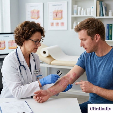 Dermatologist examining psoriasis patches on a patient’s arm