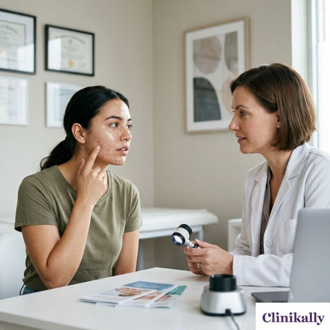 Dermatologist consulting a woman about oily and acne-prone skin