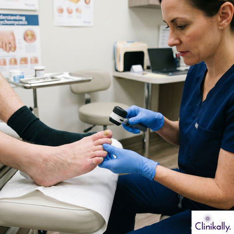 Dermatologist examining fungal toenail infection