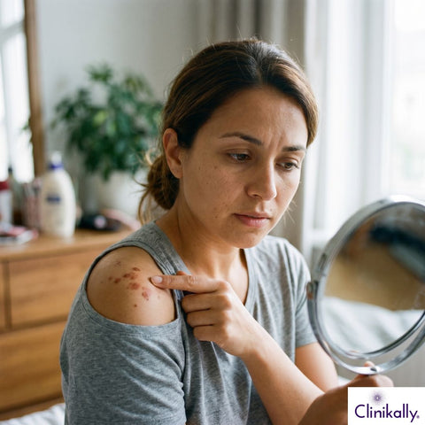 Woman checking a skin rash