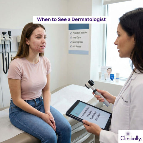 Dermatologist examining a patient with acne
