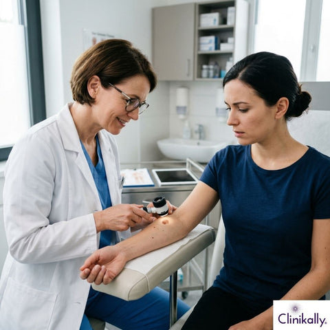 Dermatologist examining skin concern