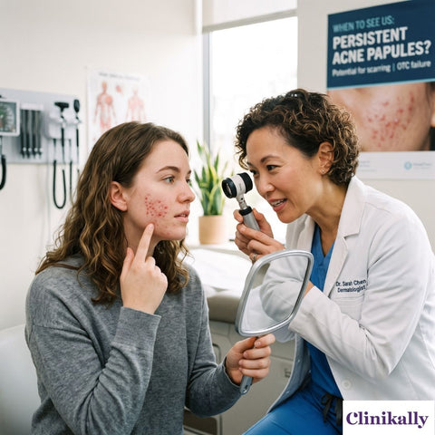 Dermatologist examining papule acne