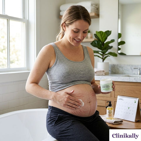 Pregnant woman applying cream to belly