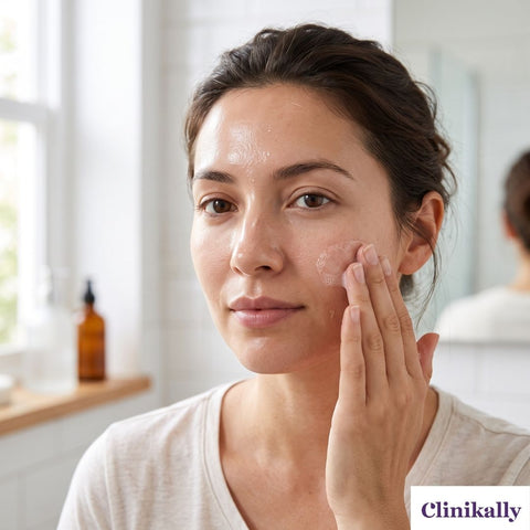 Woman using cleanser for her combination skin