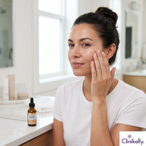 Woman applying retinol serum on face