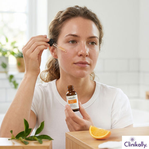 Women applying vitamin c serum on combination skin