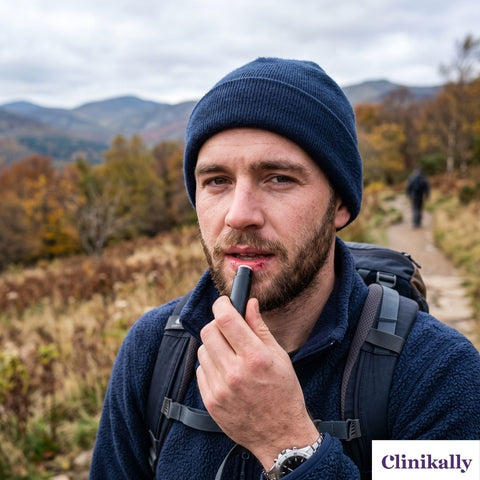 men applying lip balm on his dry lips