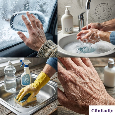 Dry hands caused by cold weather, frequent washing and cleaning