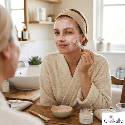 Woman applying hydrating face mask