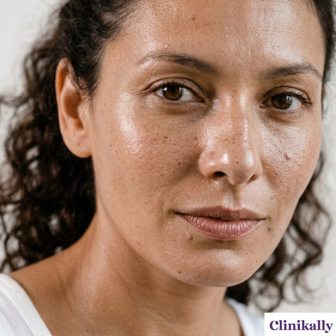 Close-up of a woman with visibly oily facial