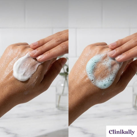Face wash lathering on skin for oily skin cleansing