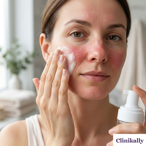 Woman cleansing sensitive skin