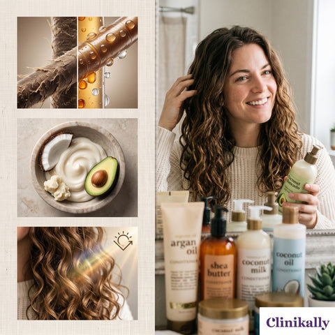 Woman using nourishing conditioner for dry curly hair